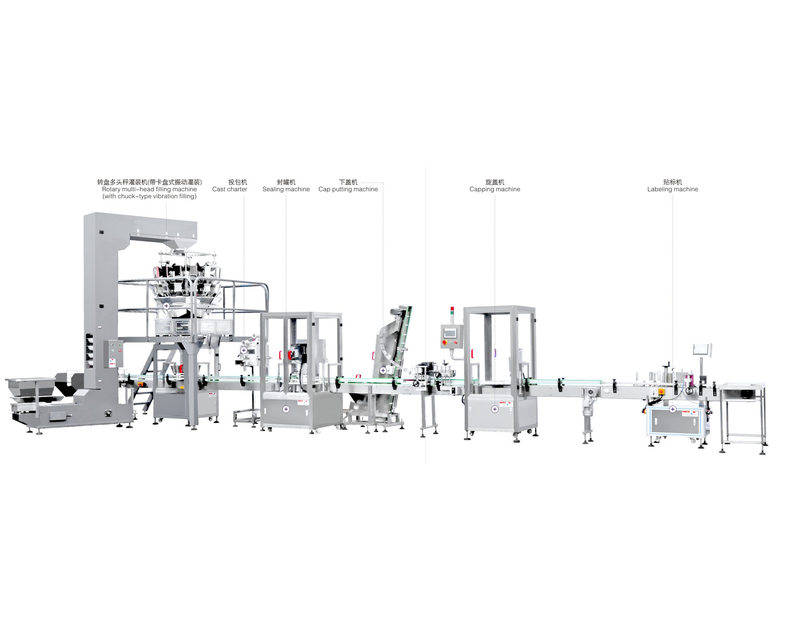 转盘多头秤灌装（带卡盘式震动灌装）封罐旋盖贴标喷码线